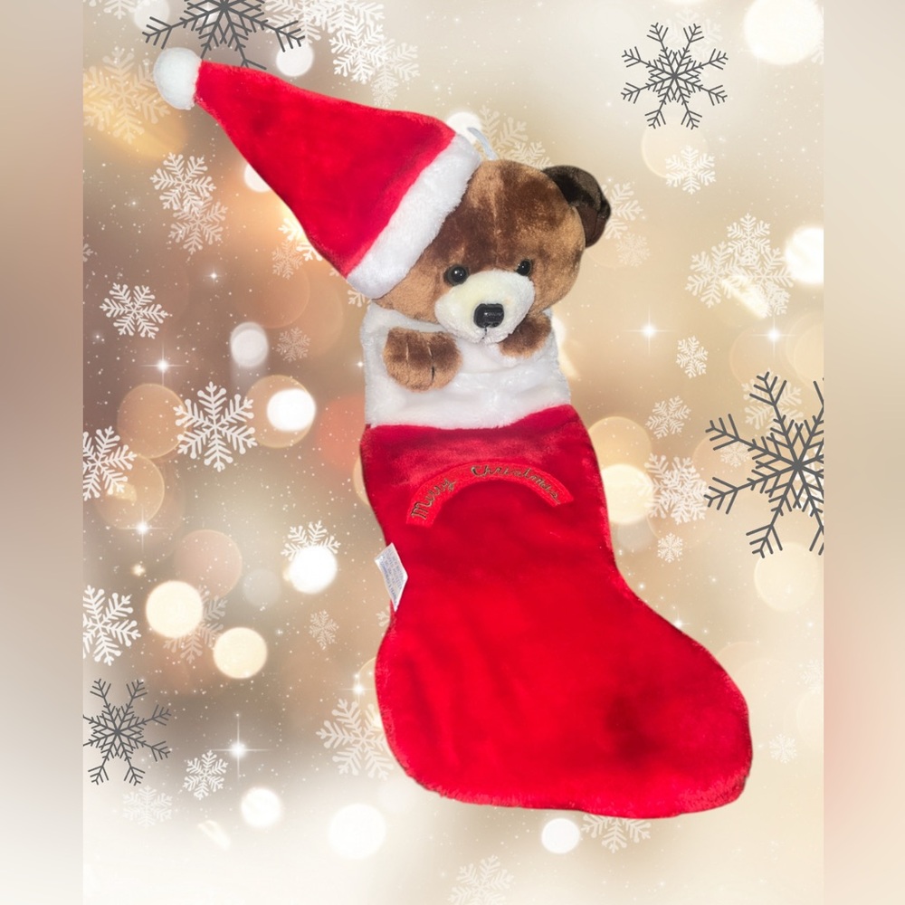 Vtg CHRISHA Creations  PLUSH Christmas Stocking Dog Santa Hat Made In Korea